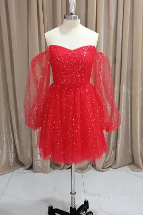 Short Red Long Sleeves Tulle Prom Dresses, Short Red Long Sleeves Formal Homecoming Dresses