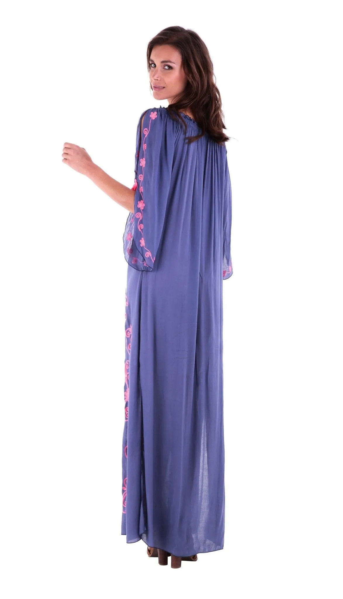 SHU-SHI Women's Casual Boho Ethnic Embroidered Off Shoulder Maxi Dress with Long Sleeves and Side Slit