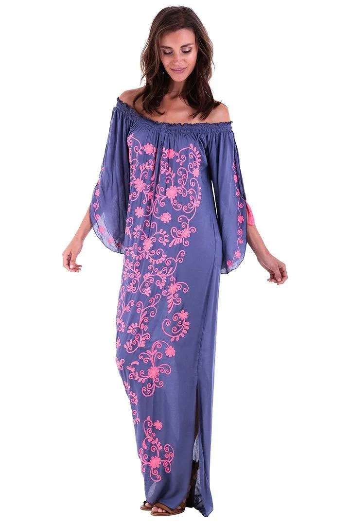 SHU-SHI Women's Casual Boho Ethnic Embroidered Off Shoulder Maxi Dress with Long Sleeves and Side Slit