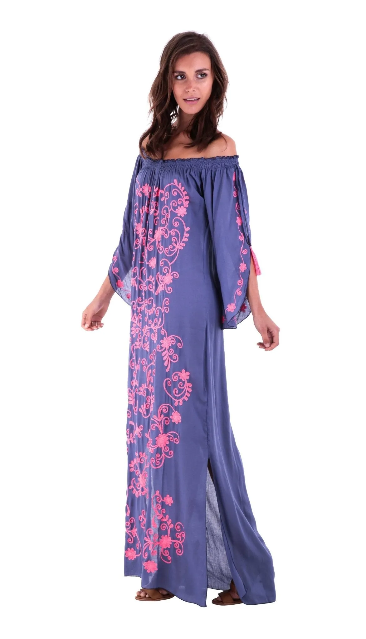 SHU-SHI Women's Casual Boho Ethnic Embroidered Off Shoulder Maxi Dress with Long Sleeves and Side Slit