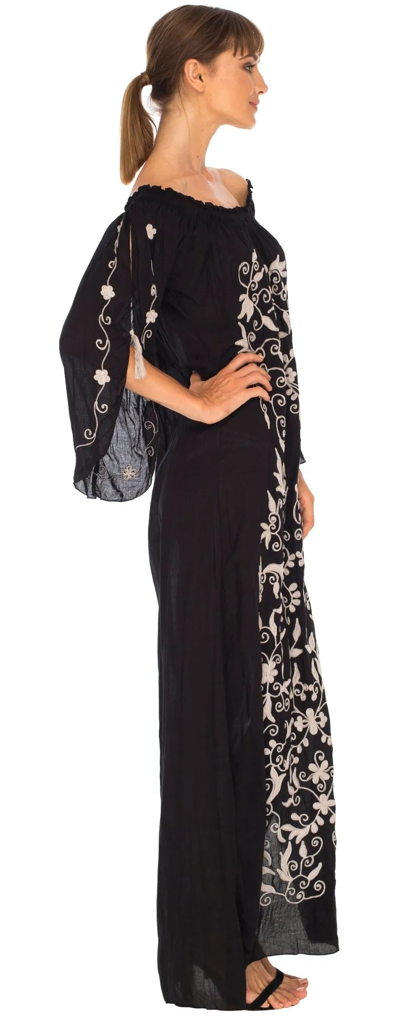 SHU-SHI Women's Casual Boho Ethnic Embroidered Off Shoulder Maxi Dress with Long Sleeves and Side Slit