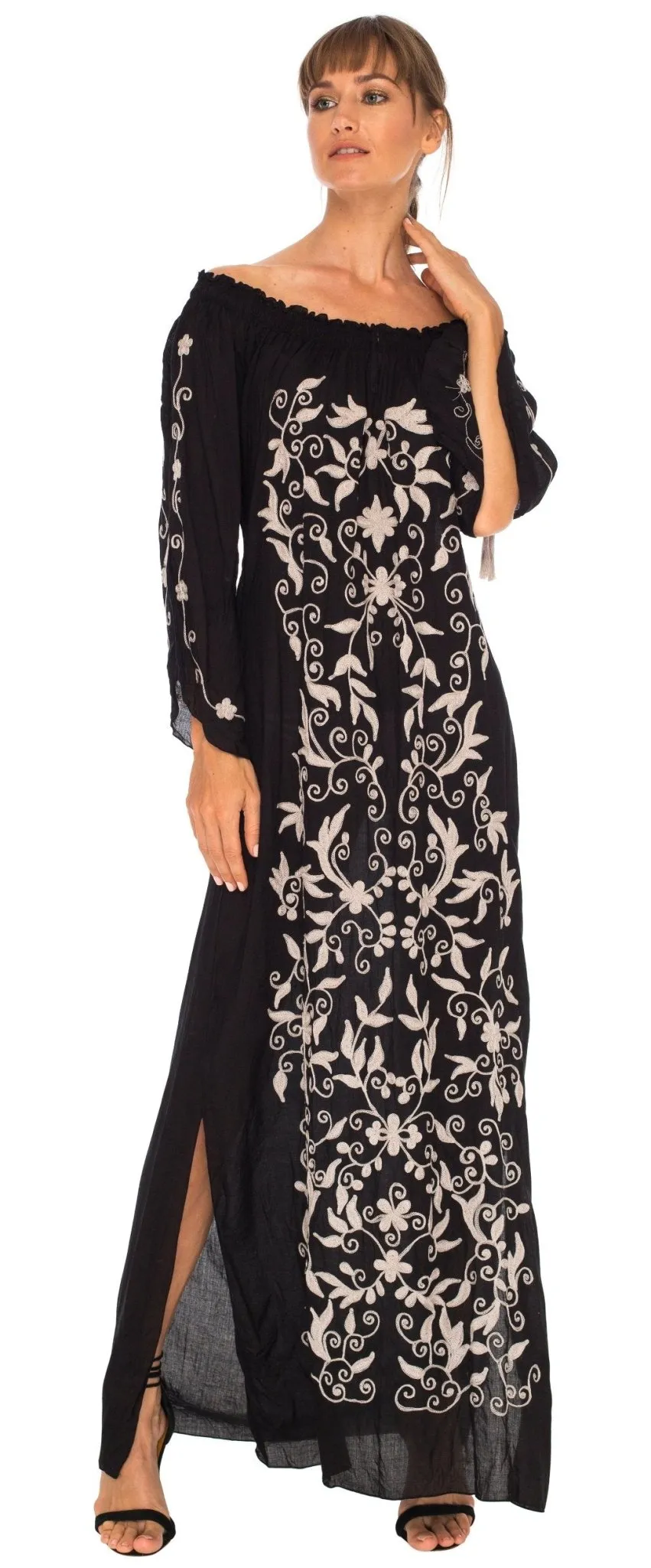 SHU-SHI Women's Casual Boho Ethnic Embroidered Off Shoulder Maxi Dress with Long Sleeves and Side Slit