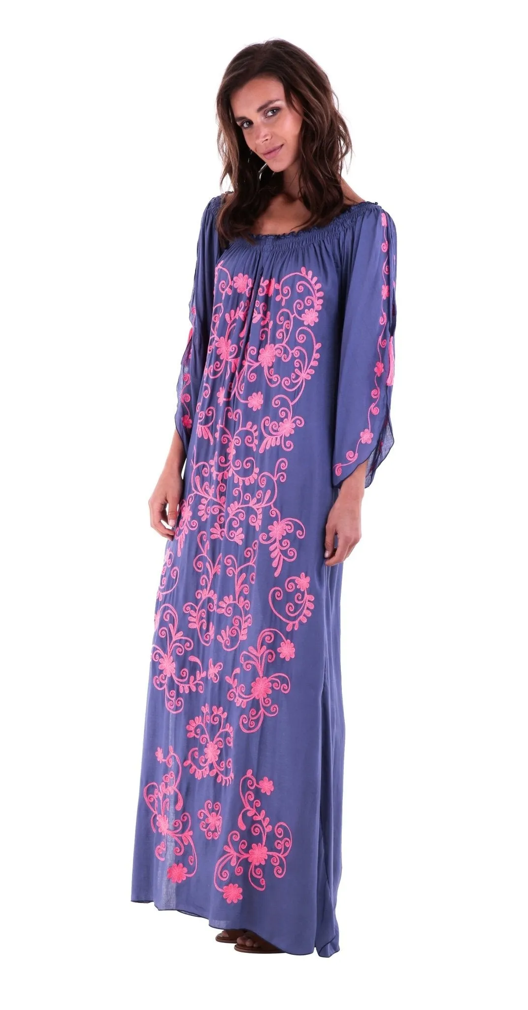 SHU-SHI Women's Casual Boho Ethnic Embroidered Off Shoulder Maxi Dress with Long Sleeves and Side Slit