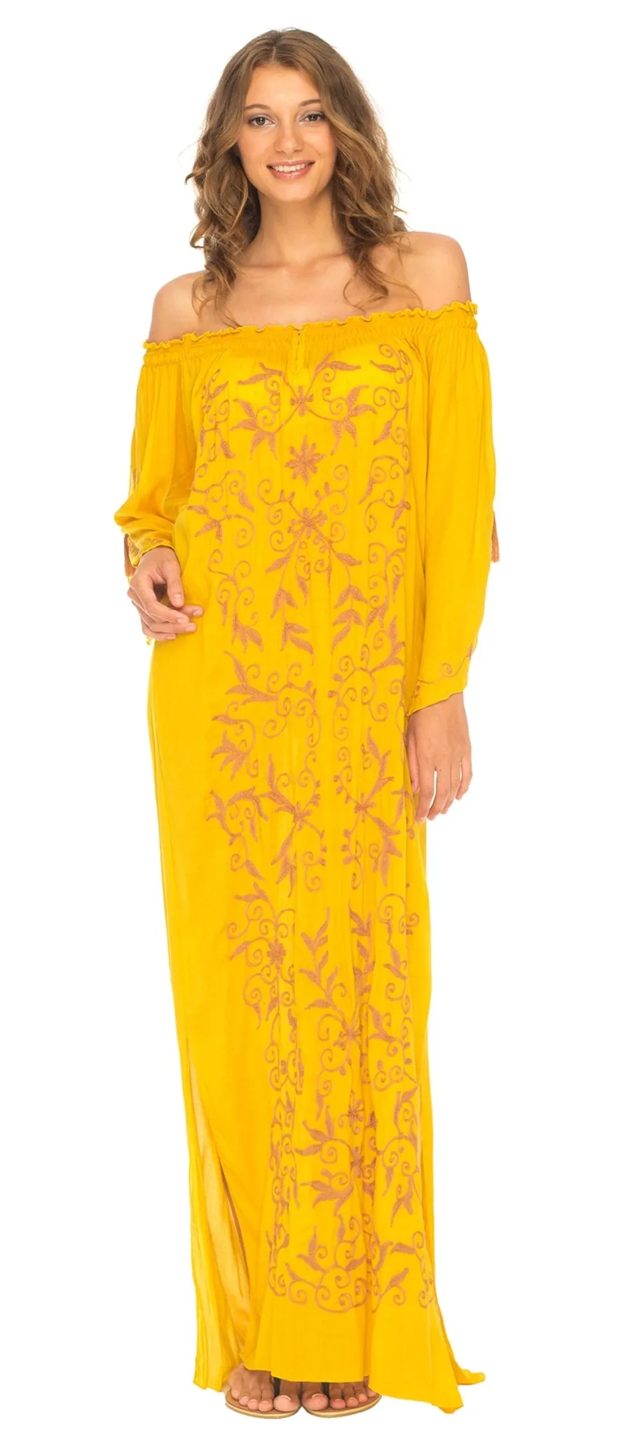 SHU-SHI Women's Casual Boho Ethnic Embroidered Off Shoulder Maxi Dress with Long Sleeves and Side Slit