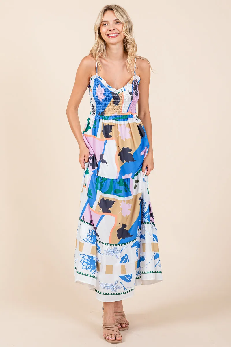 Smocked Graffiti Print Boho Cami Maxi Dress