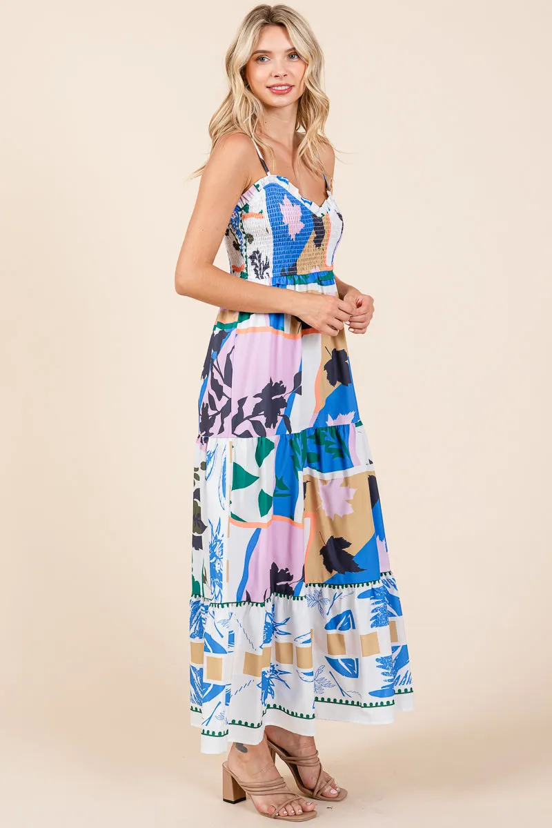 Smocked Graffiti Print Boho Cami Maxi Dress