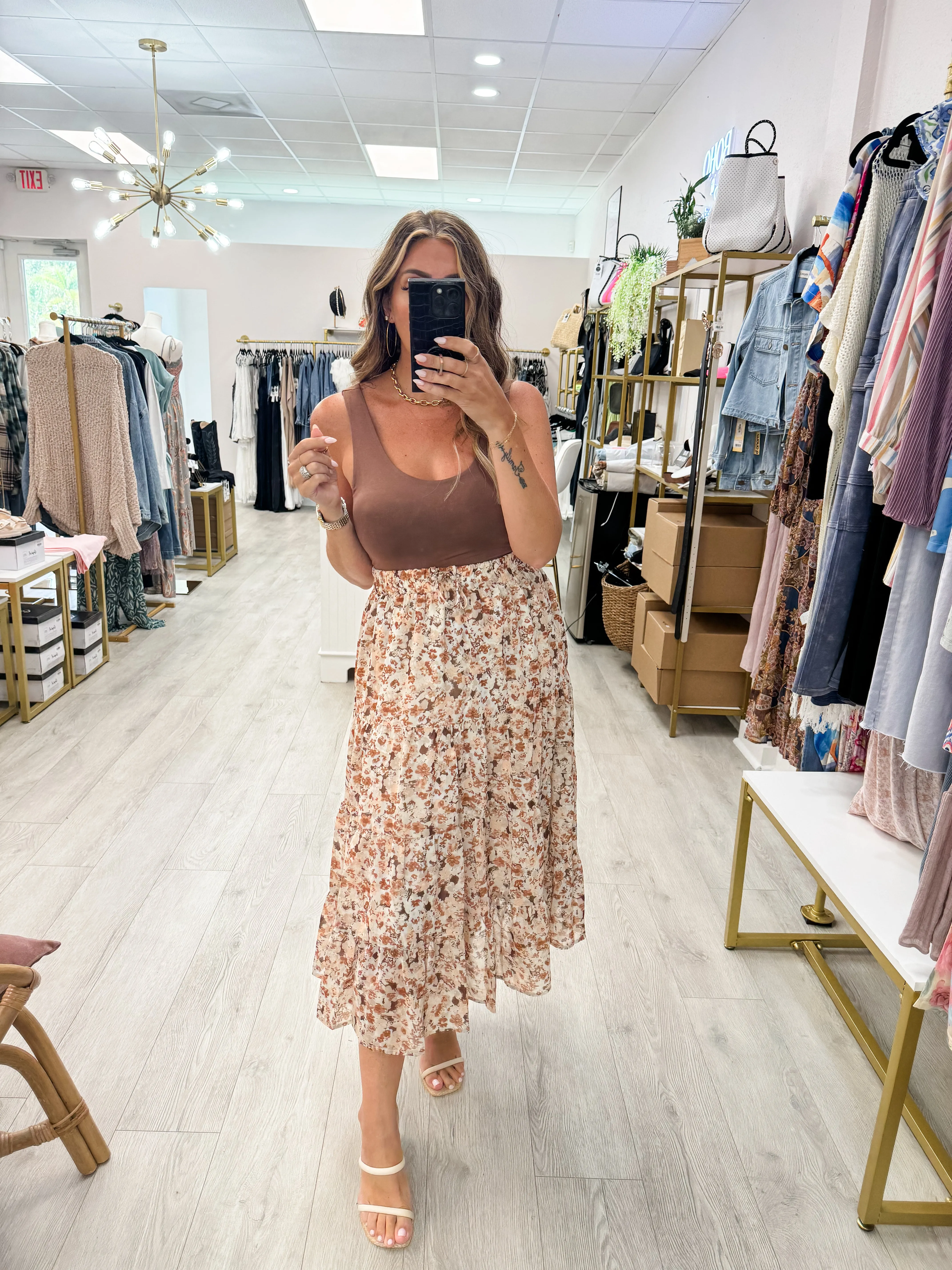 Smocked Waist Brown Floral Skirt