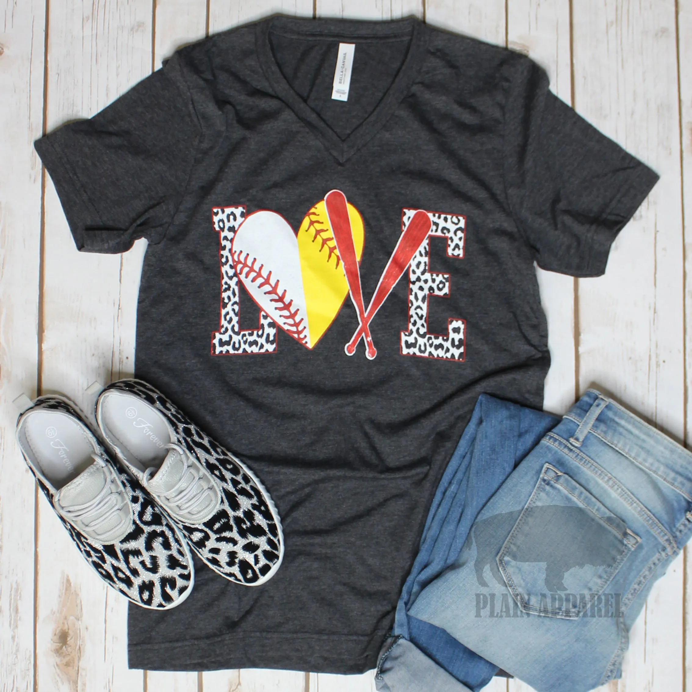 Softball/Baseball LOVE Dark Heather Gray V-Neck Tee