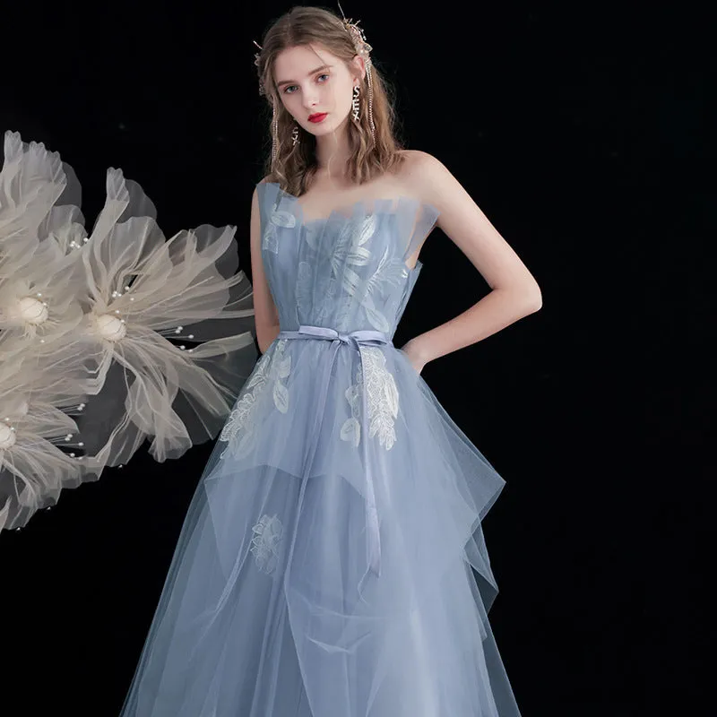 strapless blue tulle prom dress a line long evening dress party dress 162