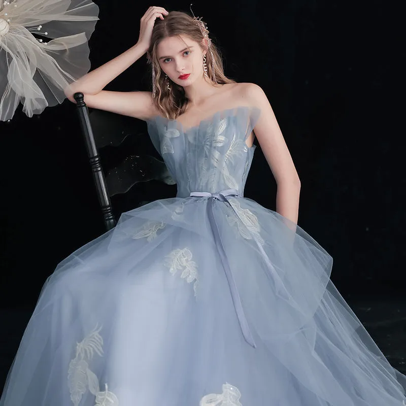 strapless blue tulle prom dress a line long evening dress party dress 162