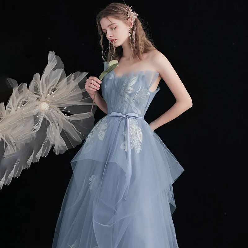 strapless blue tulle prom dress a line long evening dress party dress 162