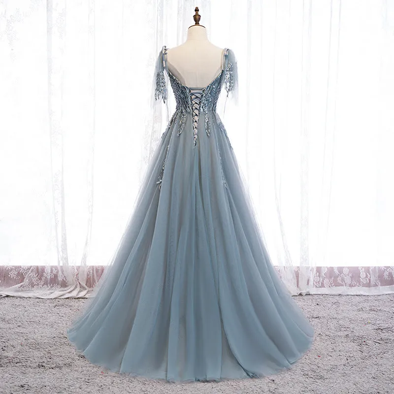 V Neck Blue A Line Tulle Prom Dress Formal Evening Gown 210