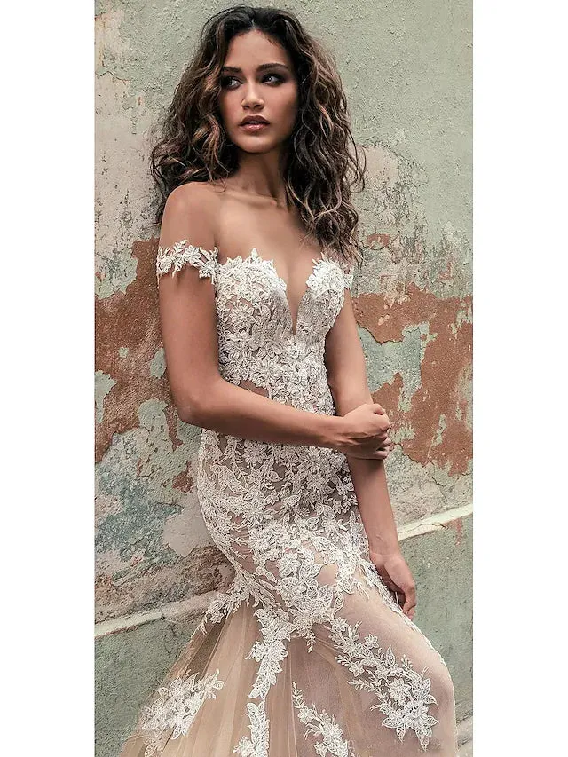 Wedding Dresses in Color Formal Wedding Dresses Trumpet Cap Sleeve Off Shoulder Lace With Appliques