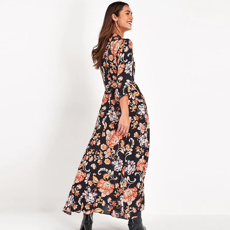 Wjczt Vintage Floral Print Maxi Dress Women Boho Three Quarter Sleeve Long Dress Turn Down Collar Casual Shirt Dresses Robe