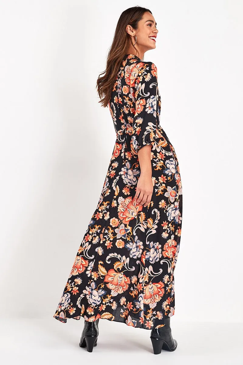 Wjczt Vintage Floral Print Maxi Dress Women Boho Three Quarter Sleeve Long Dress Turn Down Collar Casual Shirt Dresses Robe