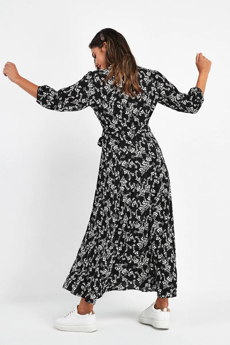 Wjczt Vintage Floral Print Maxi Dress Women Boho Three Quarter Sleeve Long Dress Turn Down Collar Casual Shirt Dresses Robe