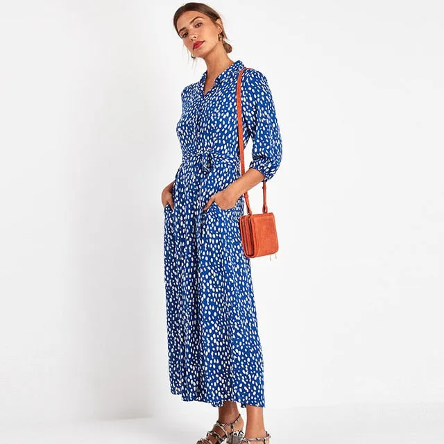 Wjczt Vintage Floral Print Maxi Dress Women Boho Three Quarter Sleeve Long Dress Turn Down Collar Casual Shirt Dresses Robe