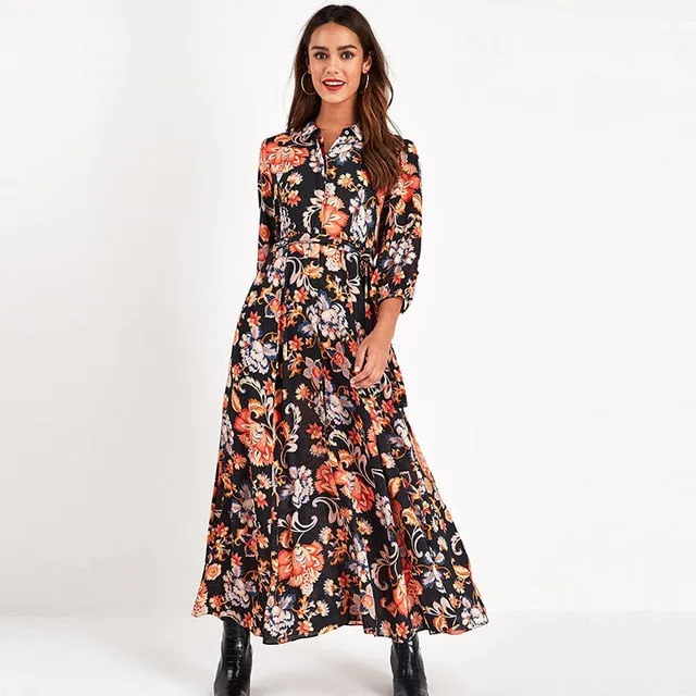 Wjczt Vintage Floral Print Maxi Dress Women Boho Three Quarter Sleeve Long Dress Turn Down Collar Casual Shirt Dresses Robe