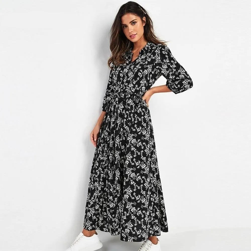 Wjczt Vintage Floral Print Maxi Dress Women Boho Three Quarter Sleeve Long Dress Turn Down Collar Casual Shirt Dresses Robe