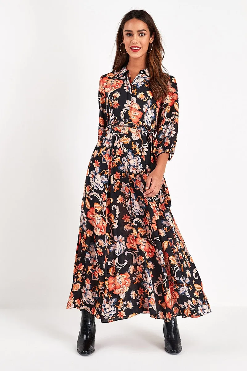 Wjczt Vintage Floral Print Maxi Dress Women Boho Three Quarter Sleeve Long Dress Turn Down Collar Casual Shirt Dresses Robe