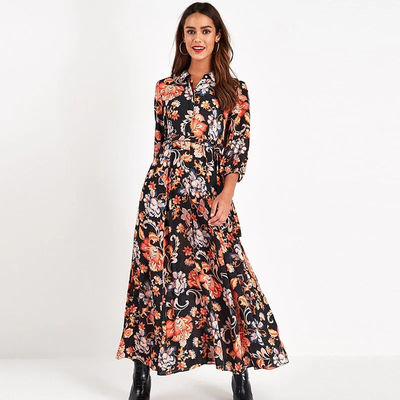 Wjczt Vintage Floral Print Maxi Dress Women Boho Three Quarter Sleeve Long Dress Turn Down Collar Casual Shirt Dresses Robe