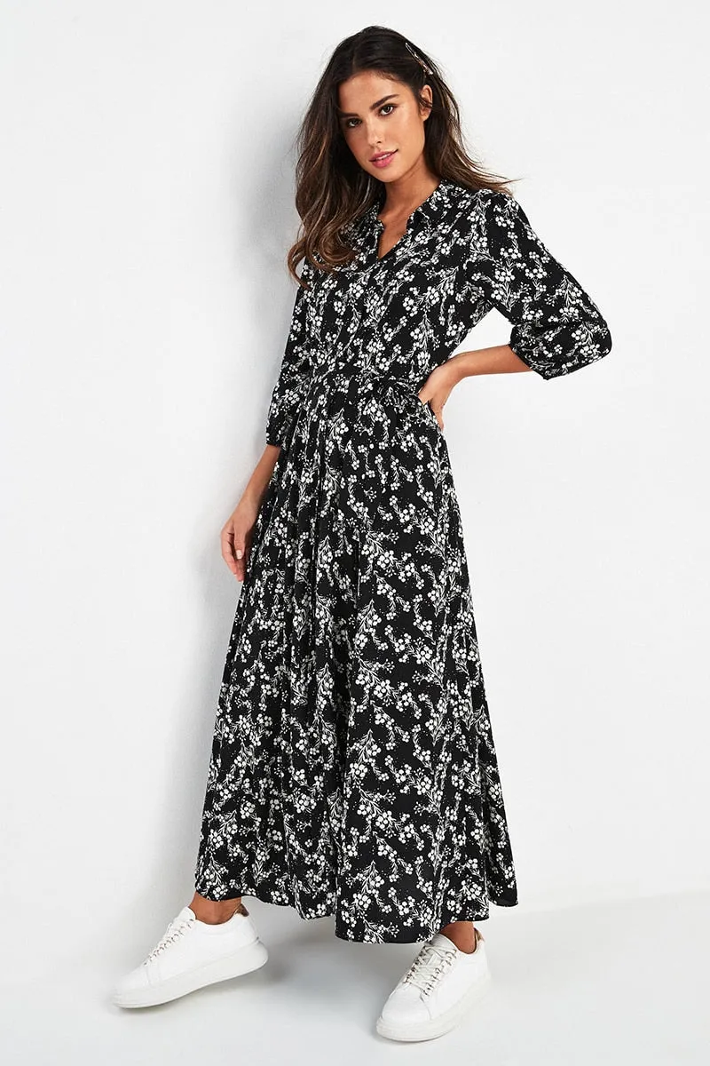 Wjczt Vintage Floral Print Maxi Dress Women Boho Three Quarter Sleeve Long Dress Turn Down Collar Casual Shirt Dresses Robe