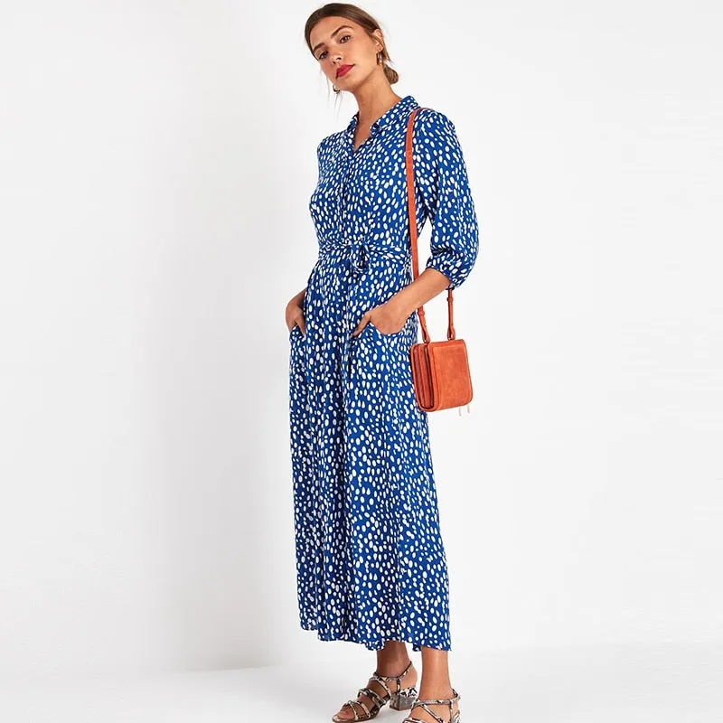 Wjczt Vintage Floral Print Maxi Dress Women Boho Three Quarter Sleeve Long Dress Turn Down Collar Casual Shirt Dresses Robe