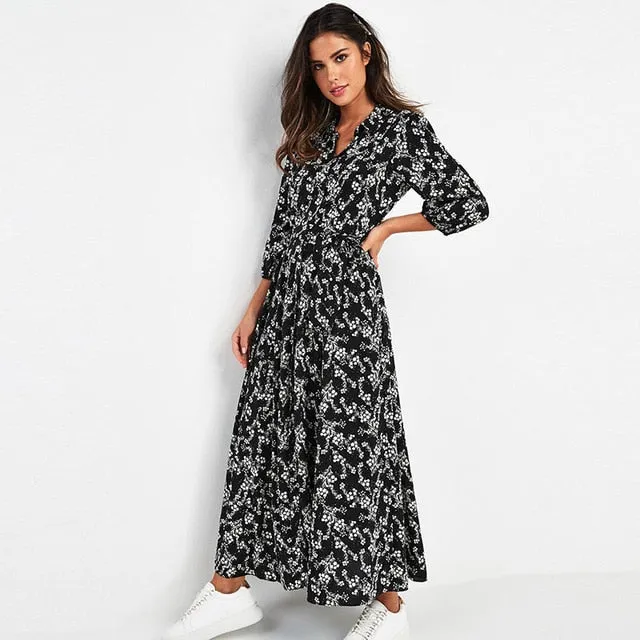 Wjczt Vintage Floral Print Maxi Dress Women Boho Three Quarter Sleeve Long Dress Turn Down Collar Casual Shirt Dresses Robe