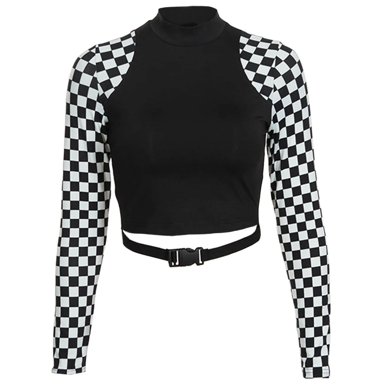 WLS Dark Patchwork Checkerboard Plaid Cropped Long Sleeve Tee