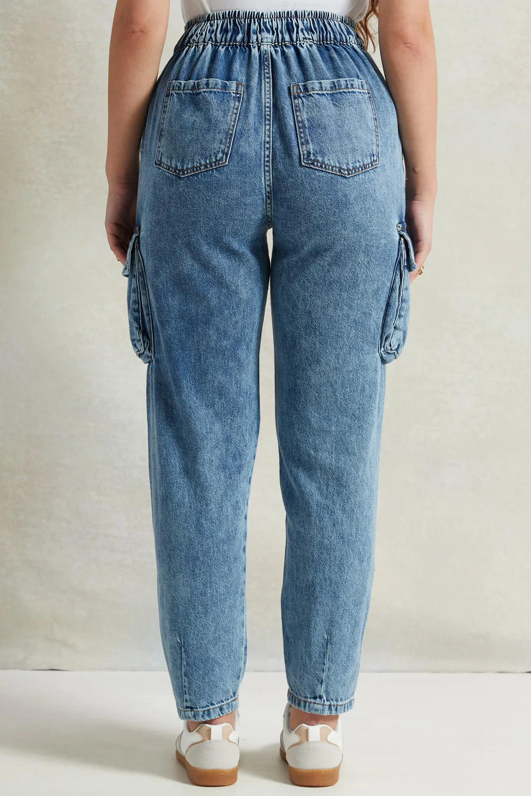 Women Blue Elasticated Cargo Pocket Jeans