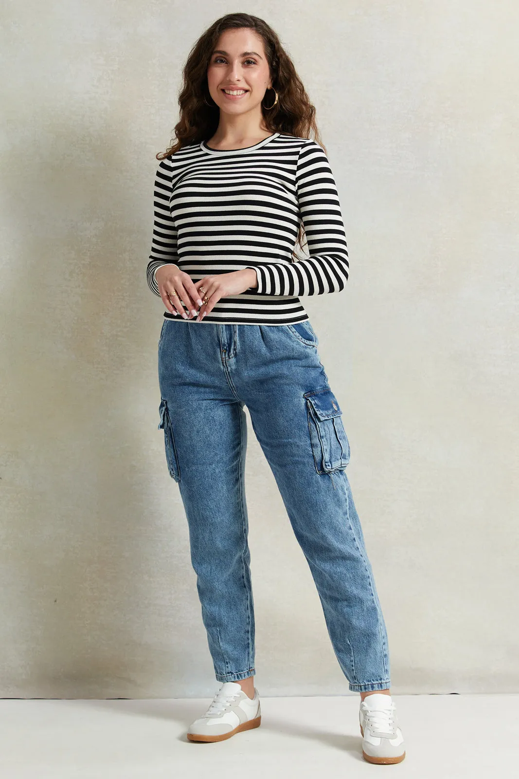 Women Blue Elasticated Cargo Pocket Jeans