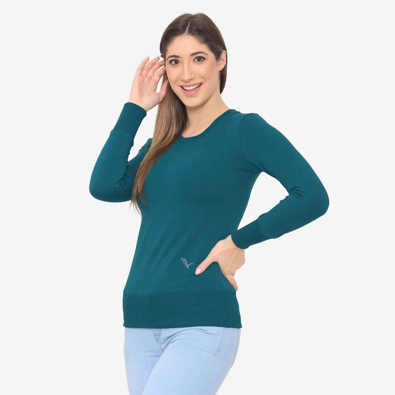 Women's Plain Round Neck Full Sleeve Sweatshirt - Atlantic Deep